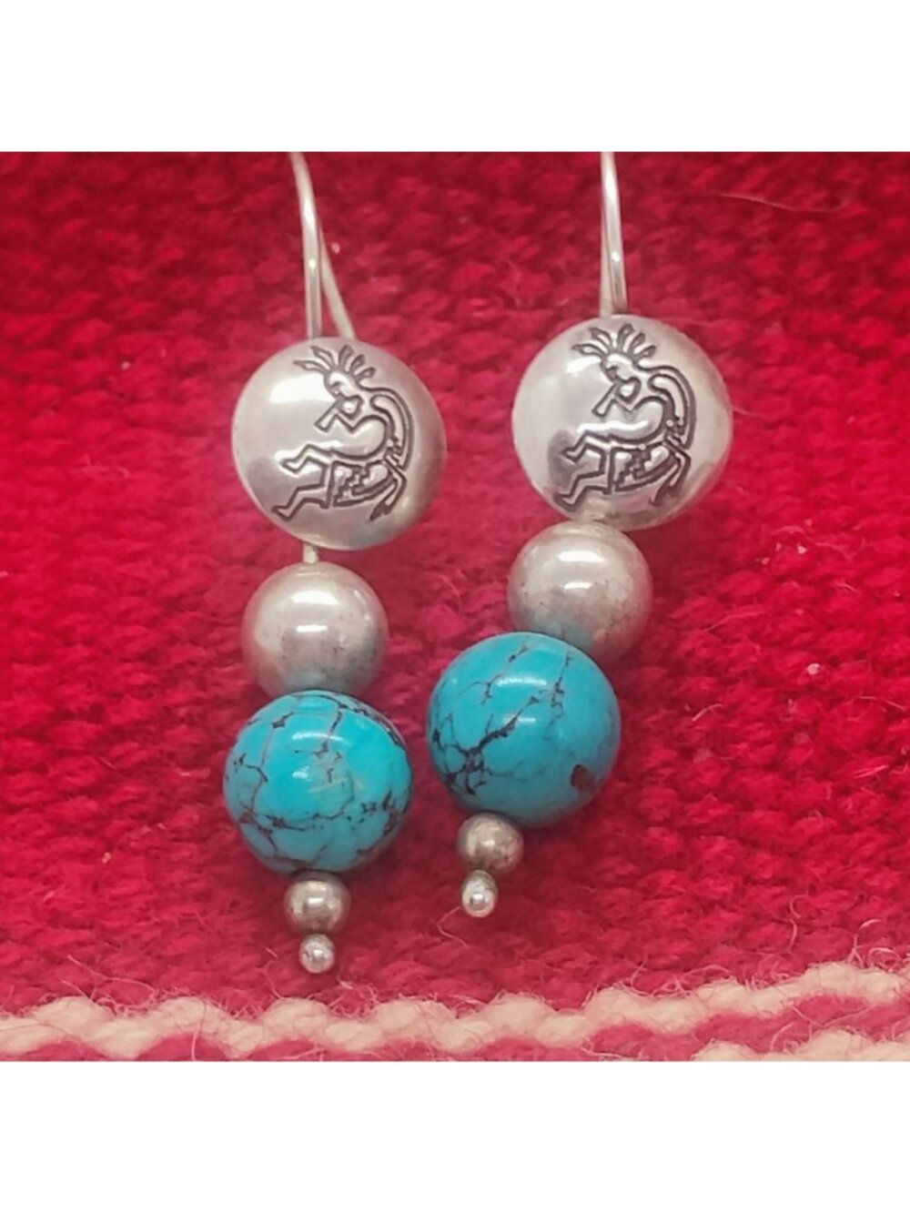 Sterling Silver Kokopelli Medallion Dangle Earrings w/Turquoise & Silver Beads - Picture 3 of 6